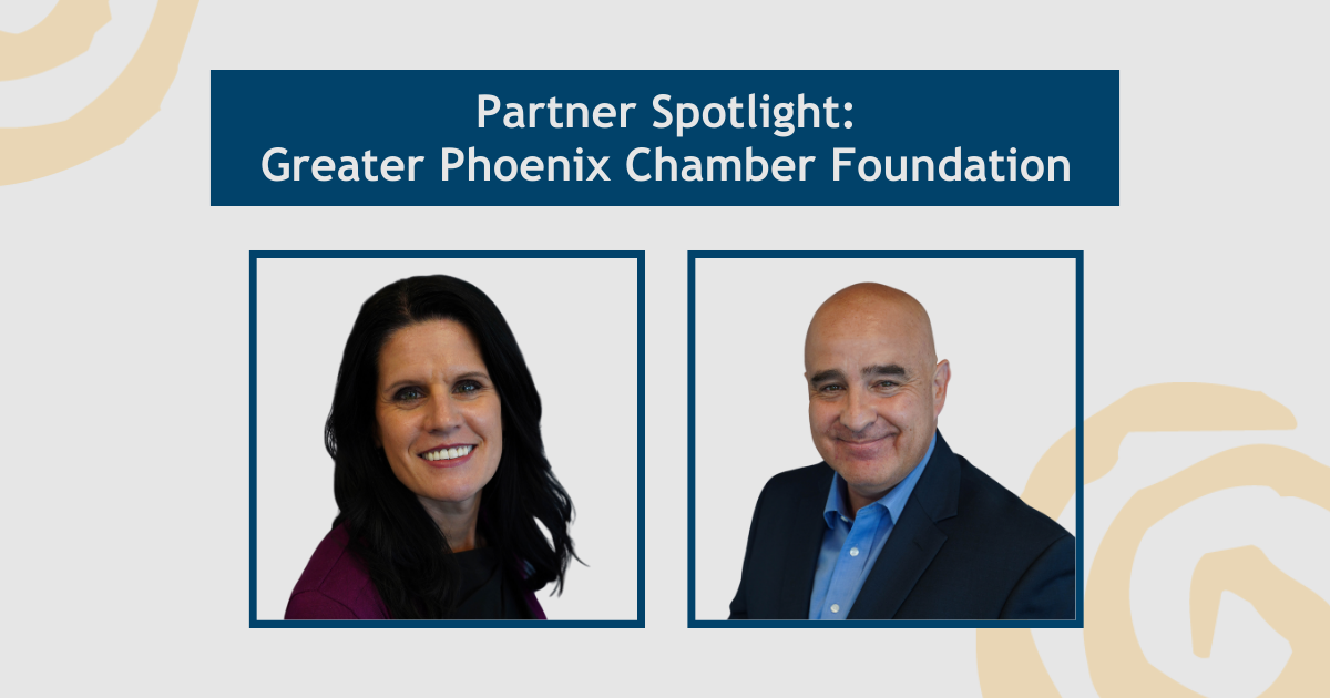 Graphic with Helios two Helios sun logos in upper left and lower right corners. Off-white text at the top of the graphic in a blue bar that says "Partner Spotlight: Greater Phoenix Chamber Foundation". Below that is two blue frames with headshots of Jennifer Mellor and Todd Sanders.