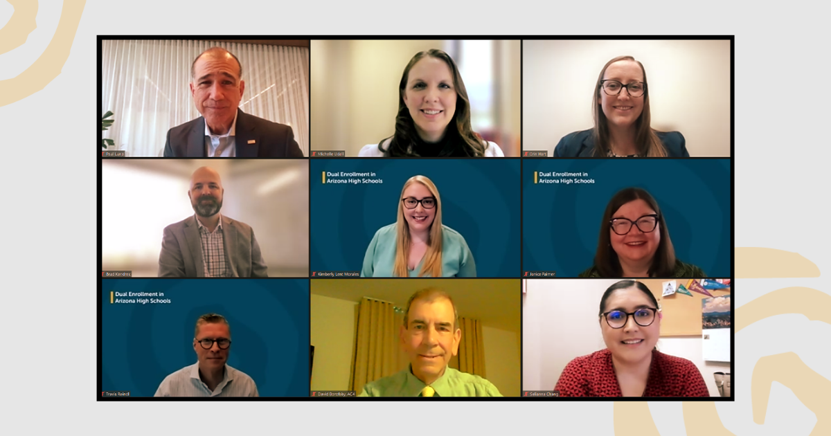 Nine panelists over Zoom smile during Dual Enrollment in Arizona webinar